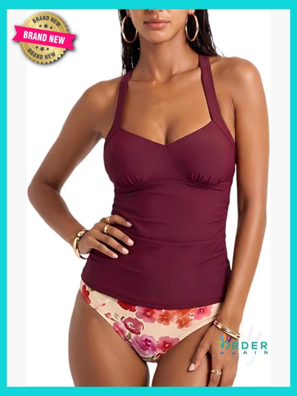 V Neck Tankini Set Crossback Self Tie Mid Rise Ruching Swimsuit Floral Pattern